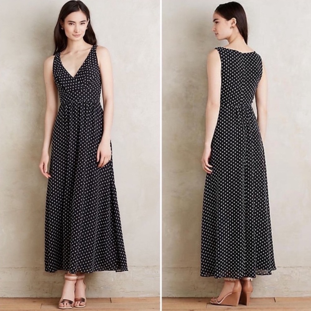 Eva Franco Women's Dress Size 2 Black White Polka Dot Maxi Sleeveless V‎ Neck